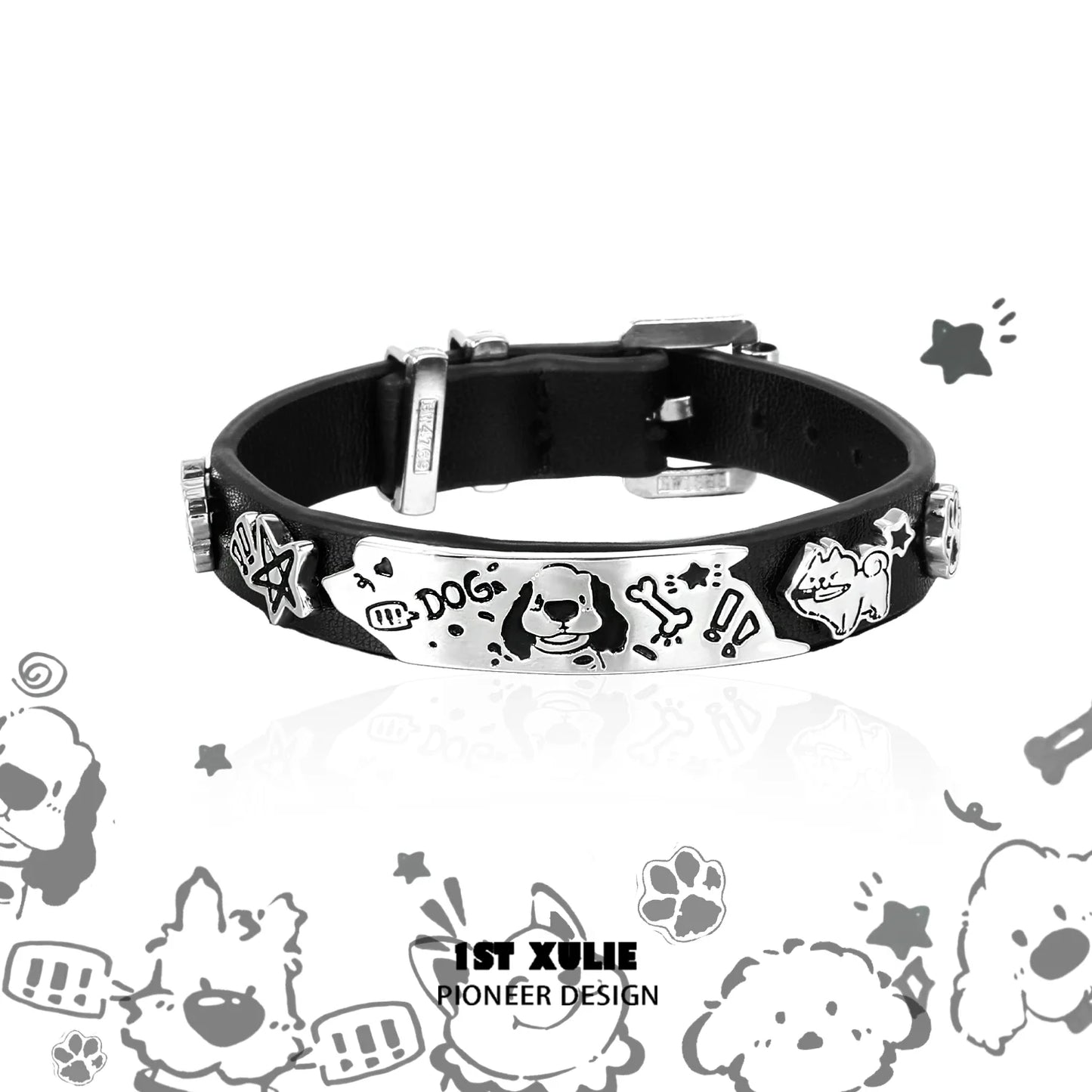 Y2K puppy leather bracelet featuring playful designs and adjustable metal buckle for pet lovers