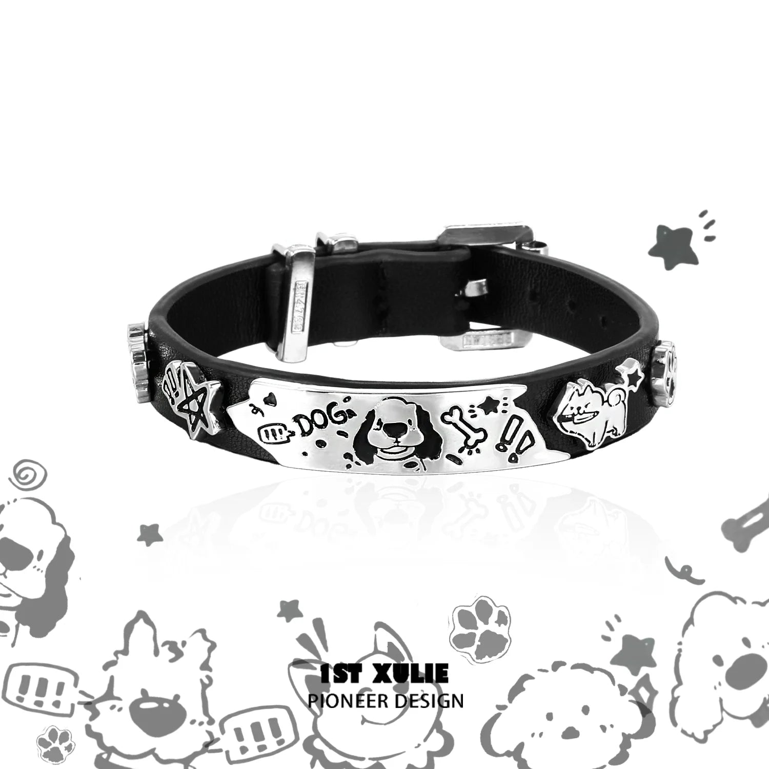 Y2K puppy leather bracelet featuring playful designs and adjustable metal buckle for pet lovers