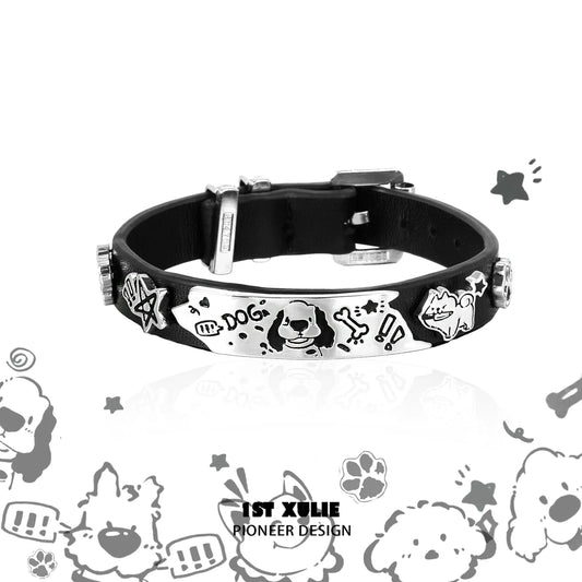 Y2K puppy leather bracelet featuring playful designs and adjustable metal buckle for pet lovers
