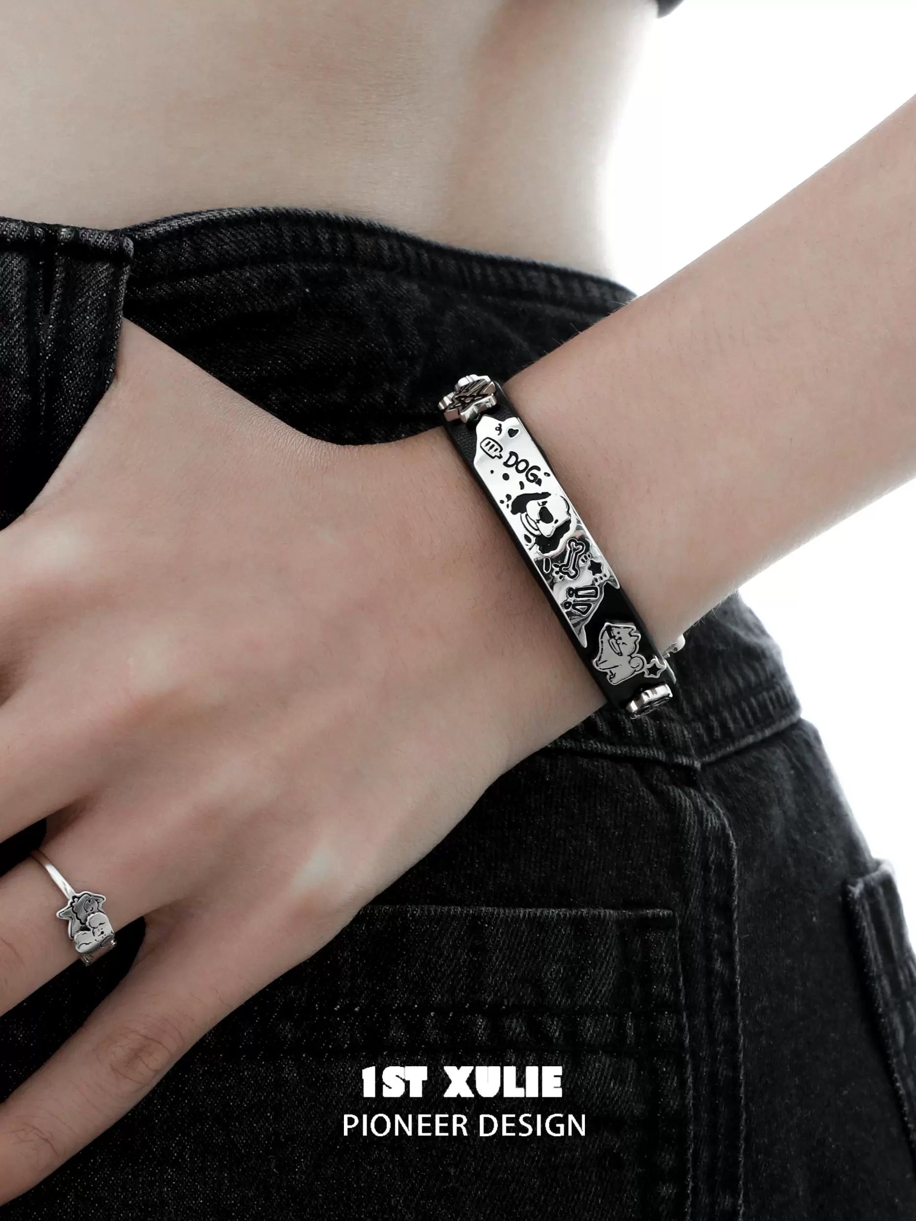 Y2K puppy leather bracelet featuring playful designs, perfect for trendy accessorizing