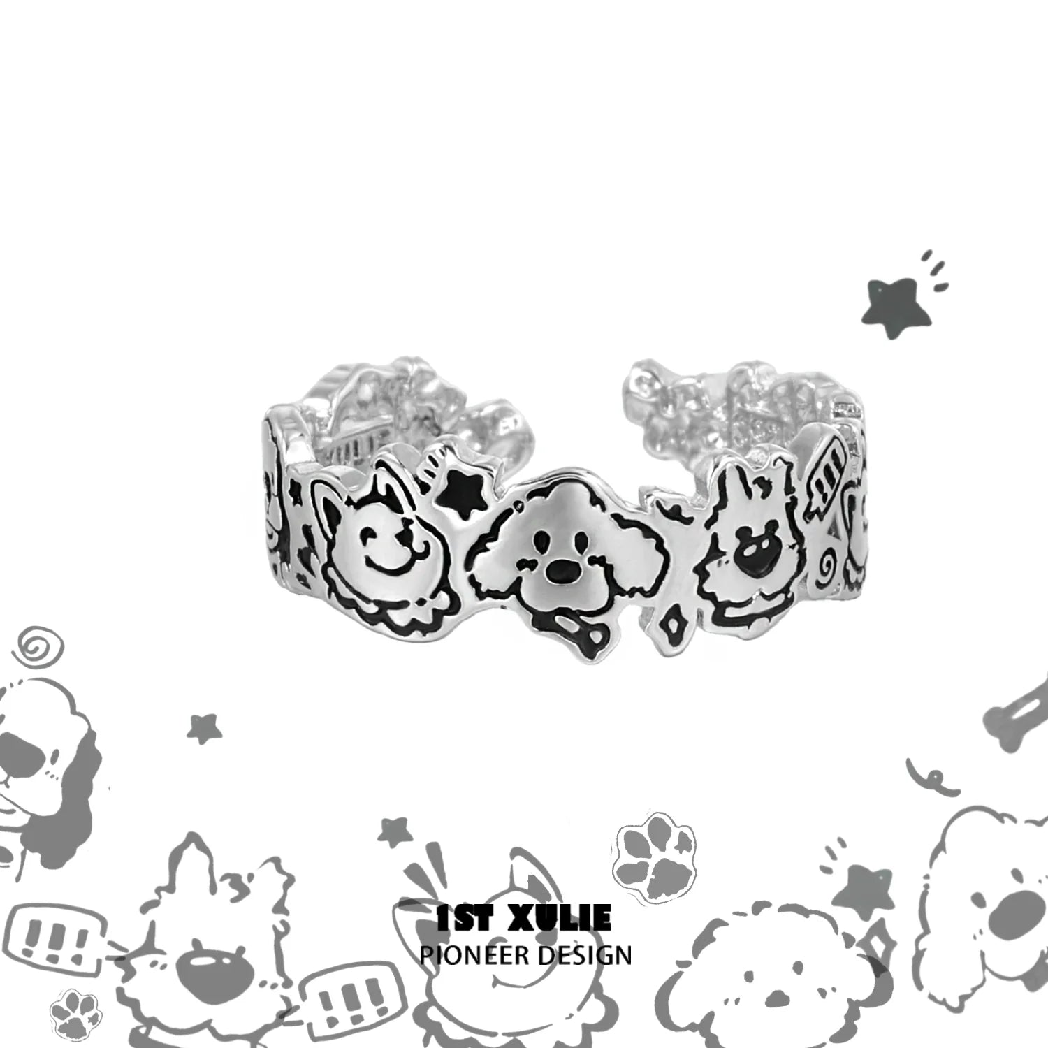 Y2K puppy silver ring featuring playful dog designs, adjustable for a comfortable fit