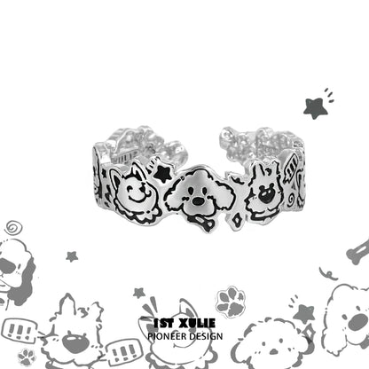 Y2K puppy silver ring featuring playful dog designs, adjustable for a comfortable fit