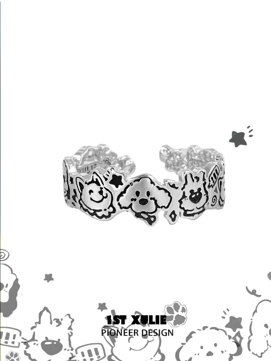 Y2K puppy silver ring featuring playful dog designs, perfect for trendy fashion lovers