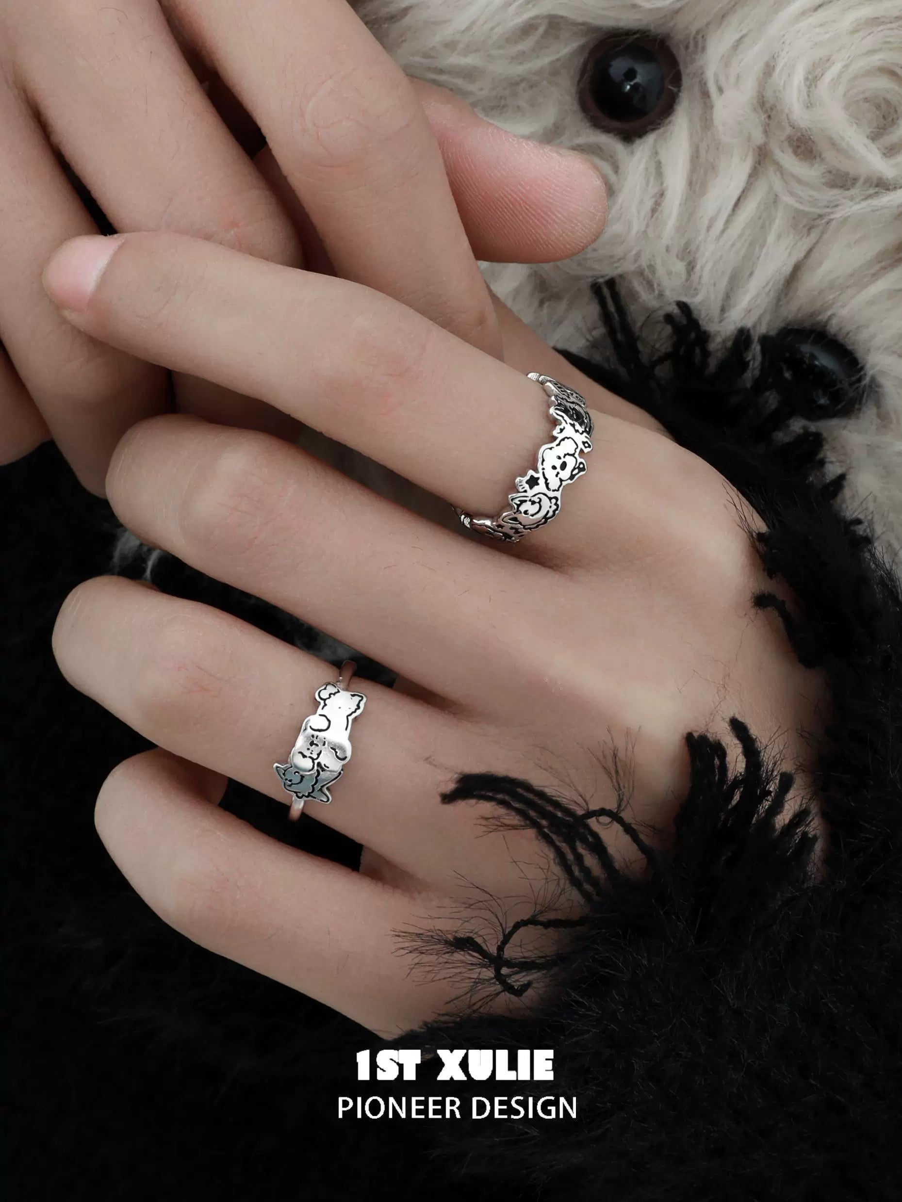 Y2K puppy silver ring designed by 1STXULIE, showcasing playful puppy motifs on a delicate band