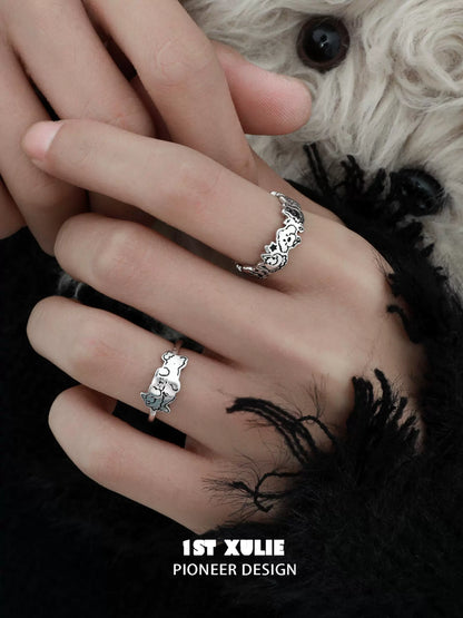 Y2K puppy silver ring designed by 1STXULIE, showcasing playful puppy motifs on a delicate band