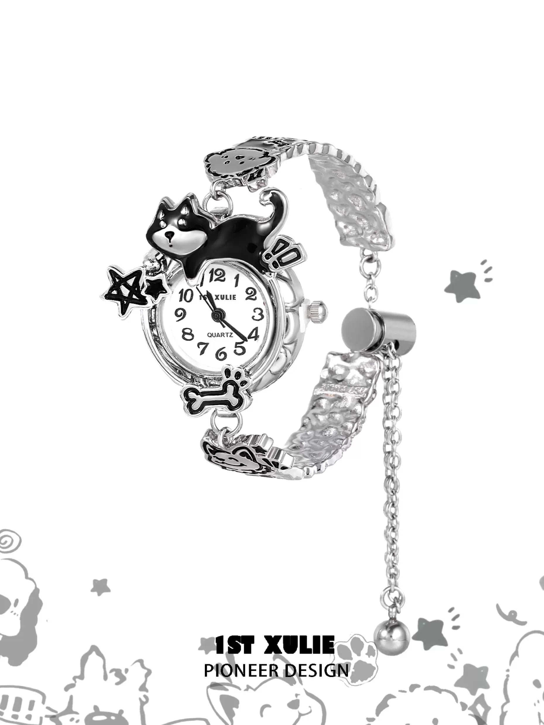 Y2K puppy watch bracelet featuring a Charms design with a playful dog and star accents