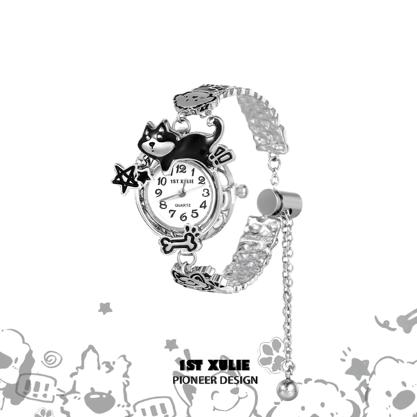 Y2K puppy watch bracelet with a cute dog design and silver chain strap for trendy pet lovers