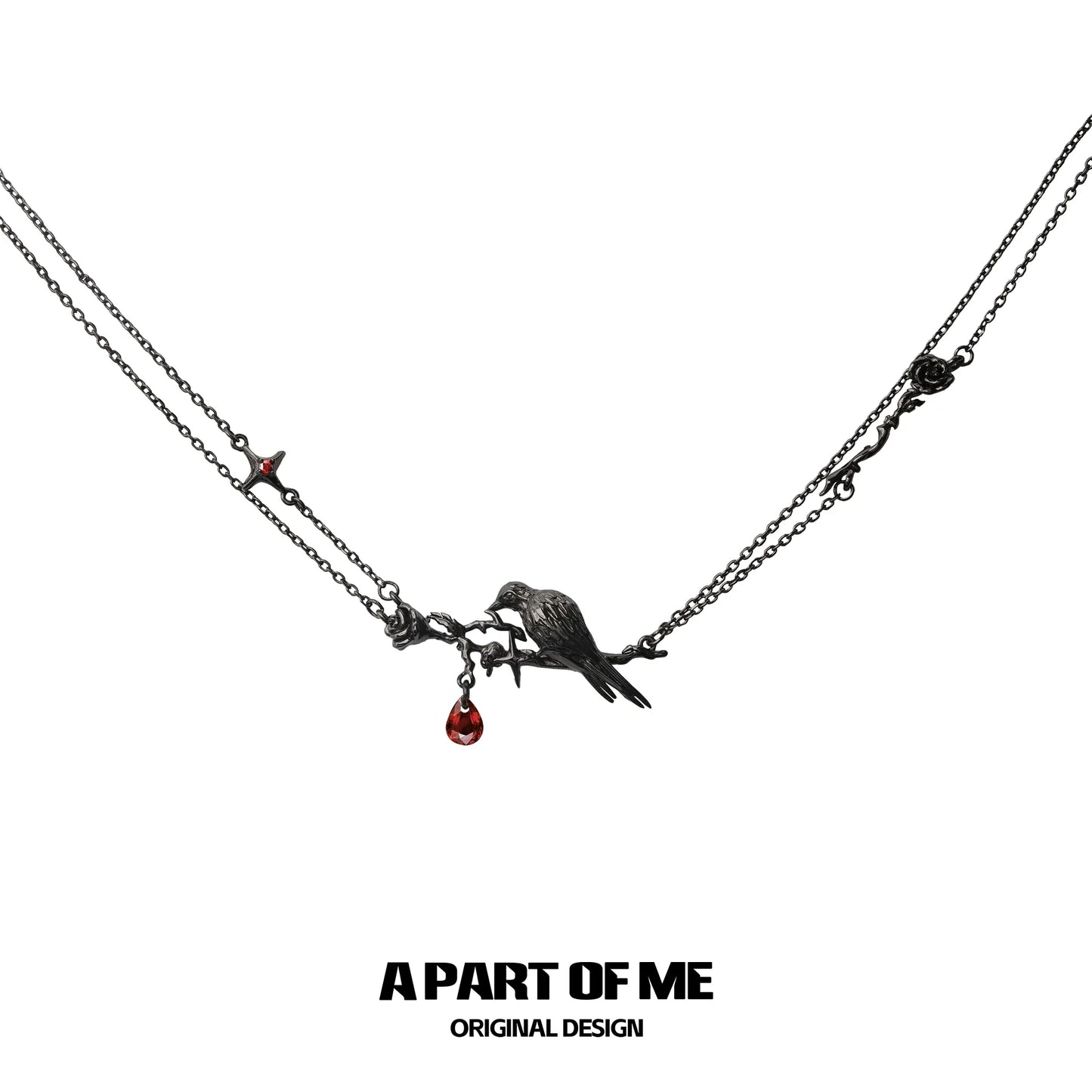 Y2K raven rose necklace with intricate design and red gemstone detailing from A PART OF ME