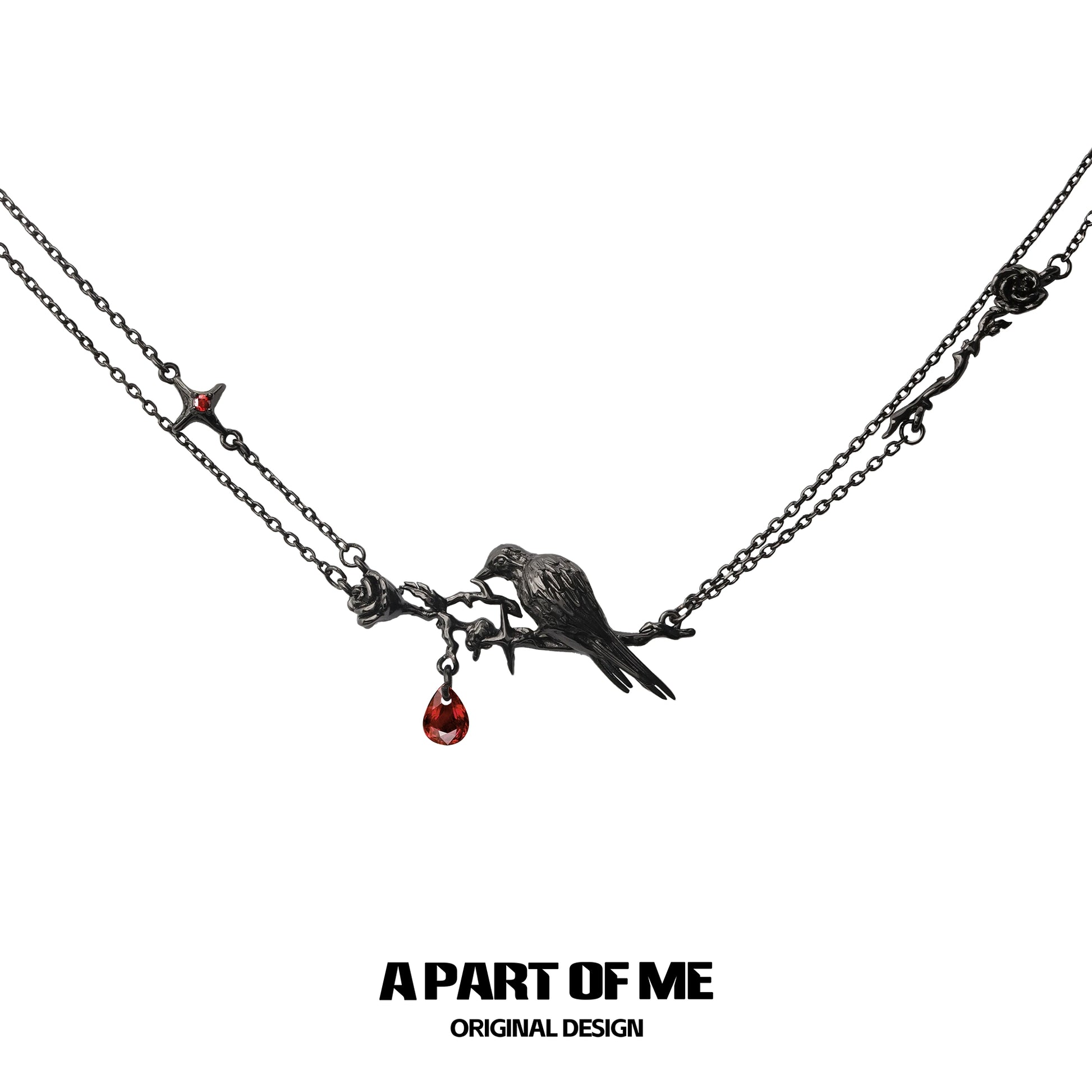 Y2K raven rose necklace in black metallic with a raven charm and red drop for a gothic style