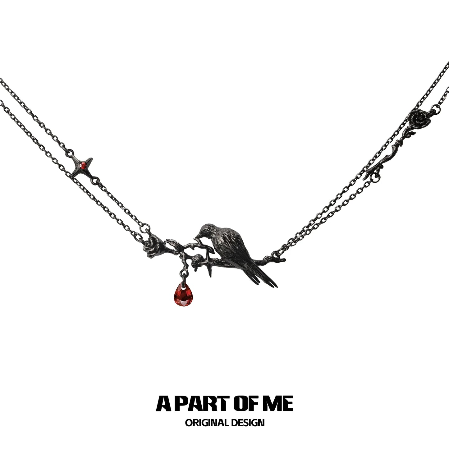 Y2K raven rose necklace in black metallic with a raven charm and red drop for a gothic style