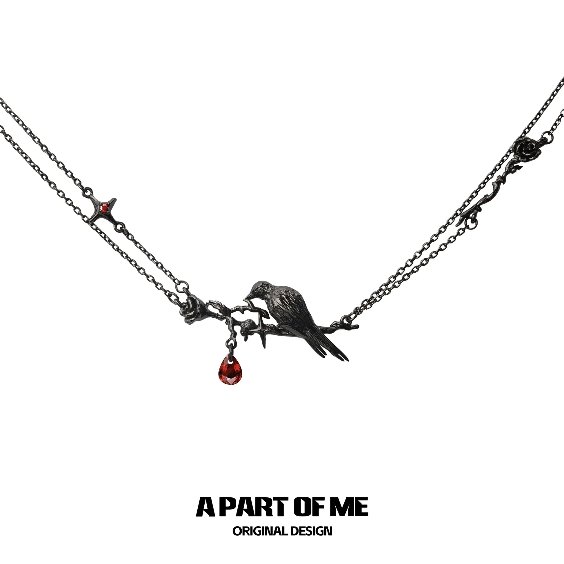 Y2K raven rose necklace in black metallic with a raven charm and red drop for a gothic style