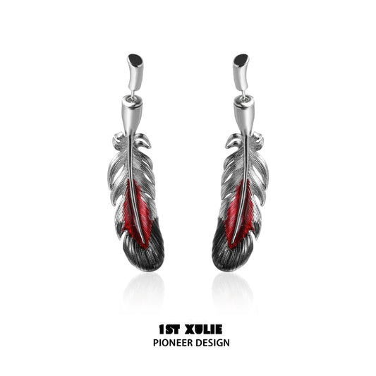Y2K red feather earrings with silver detailing, perfect for a trendy fashion statement