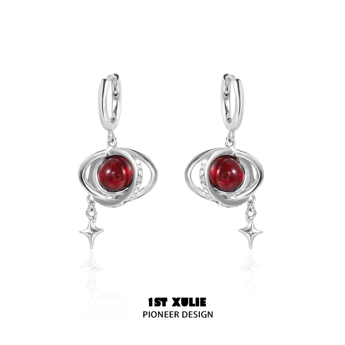 Y2K red planet earrings with silver accents and star details for a trendy look