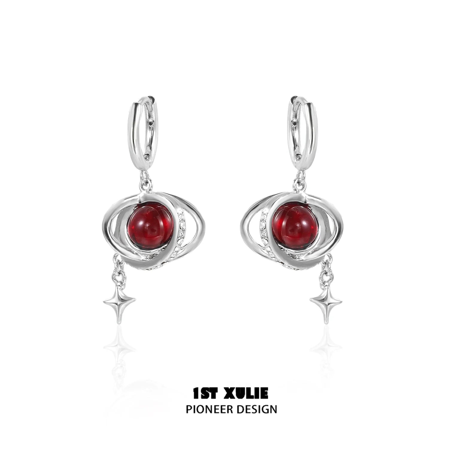 Y2K red planet earrings with silver accents and star details for a trendy look