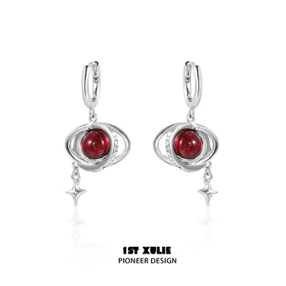 Y2K red planet earrings with silver accents and star details for a trendy look