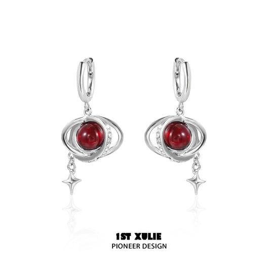 Y2K red planet earrings with silver accents and star details for a trendy look