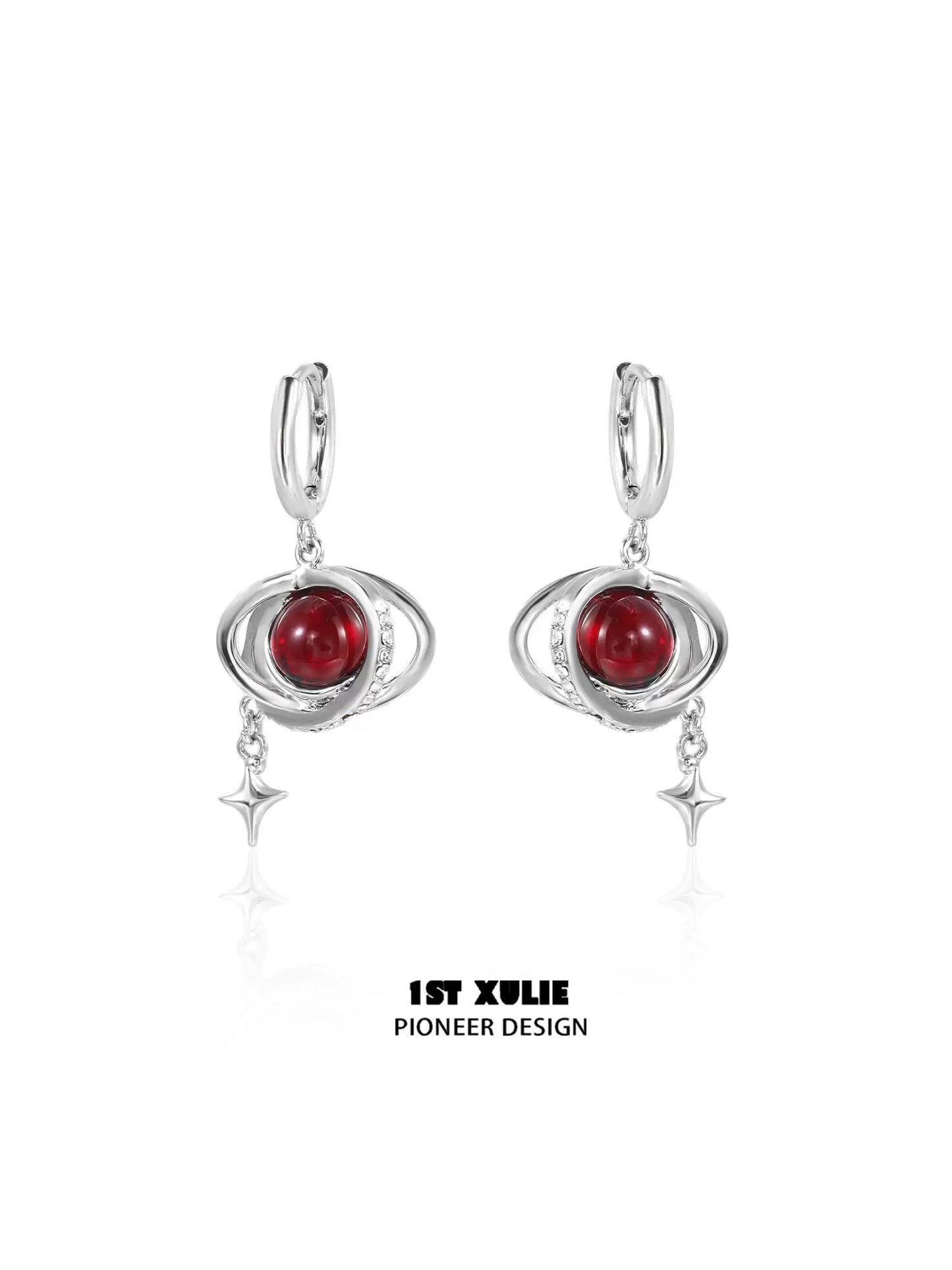 Y2K red planet earrings with sparkling accents and dangling star charms for a trendy look
