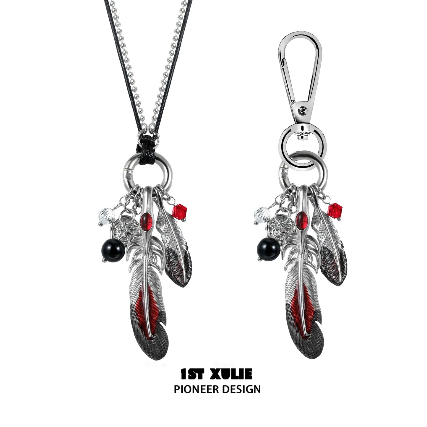 Y2K red witch feather necklace featuring silver feathers, red accents, and a detachable clasp