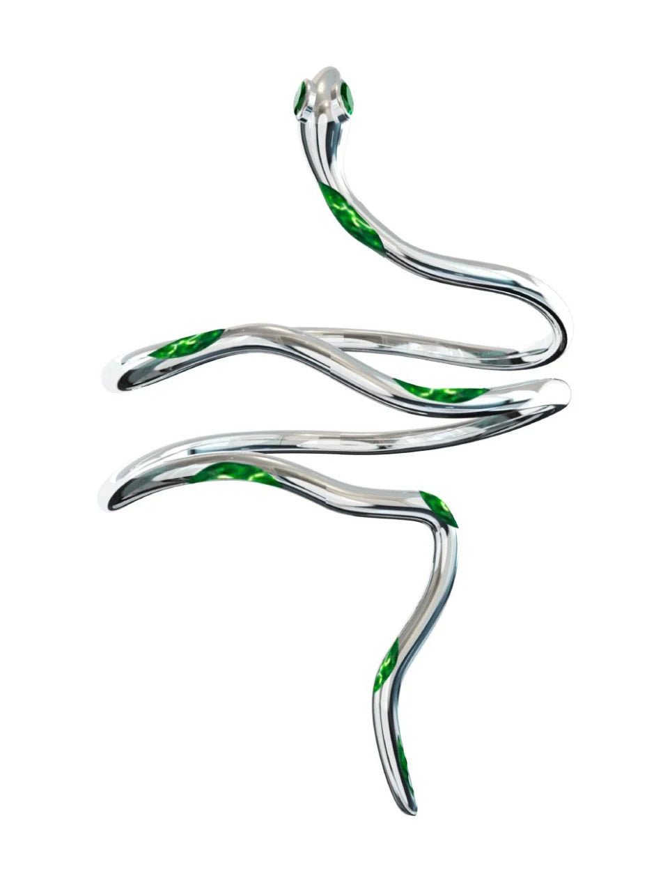 Y2K Slytherin snake arm bracelet with shimmering green embellishments on a sleek silver design