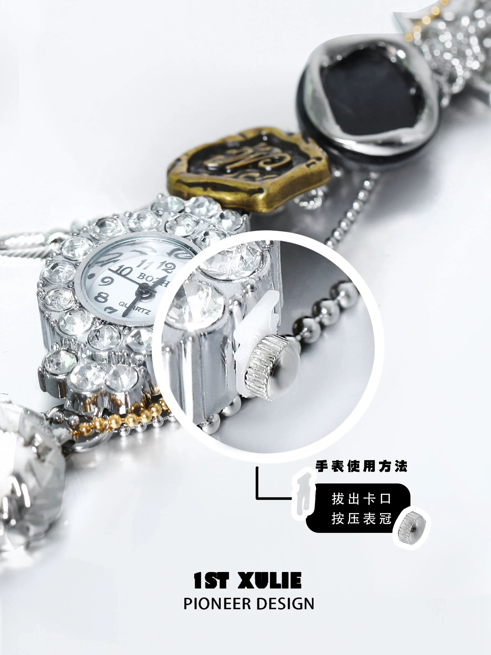 Y2K vintage bracelet watch with unique design features and shiny embellishments