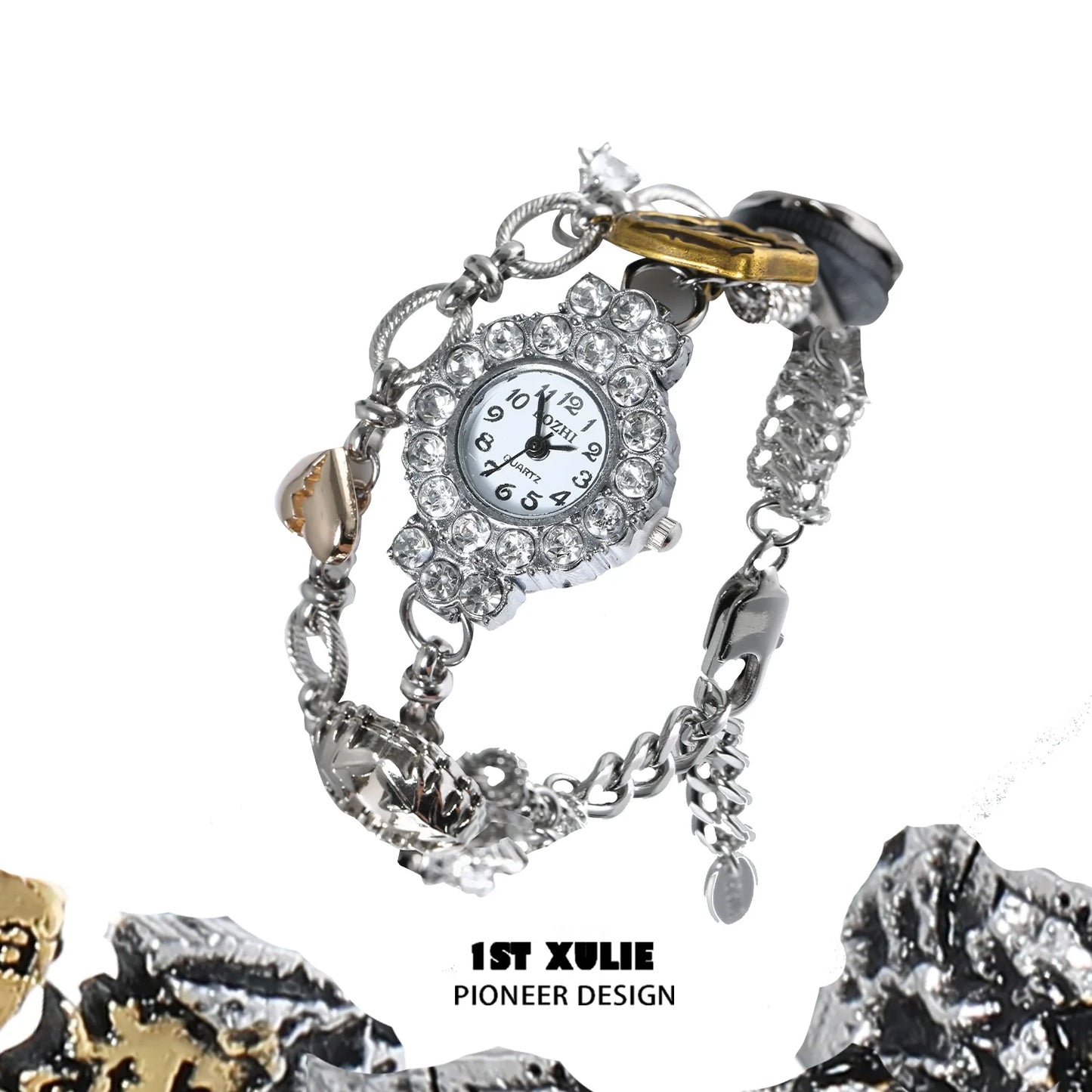 Y2K vintage bracelet watch with floral accents and multiple charms for a trendy retro look