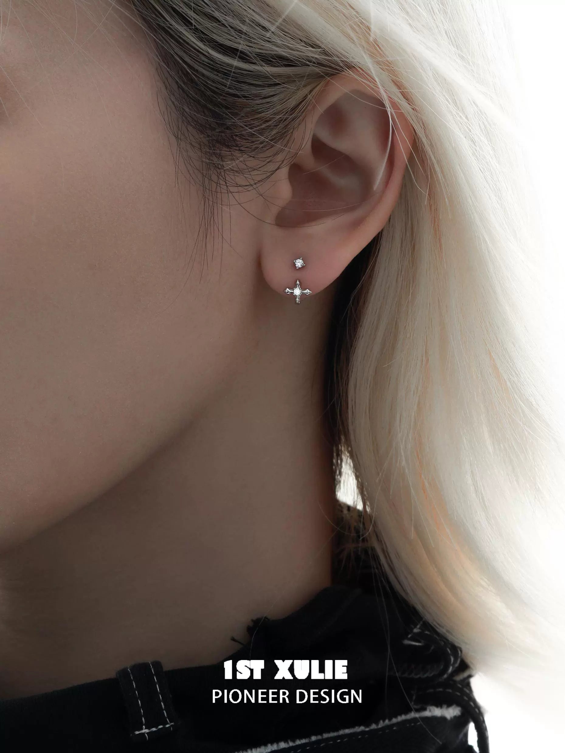Elegant zircon ear studs for women sparkling on a model's ear with a minimalistic design