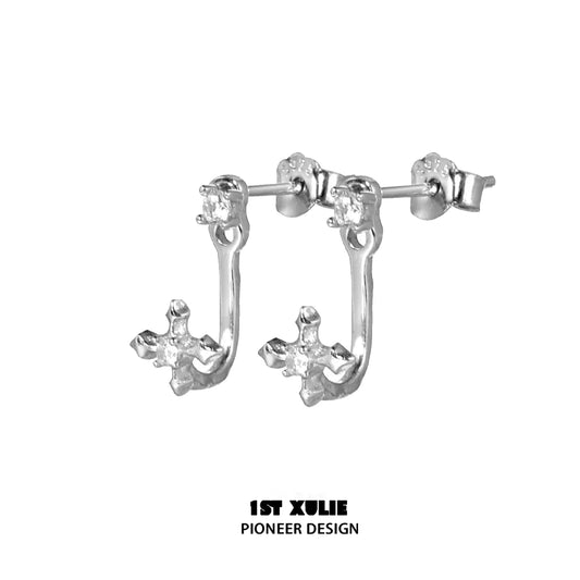 Elegant 1STXULIE zircon ear studs for women with a unique cross design and sparkling accents